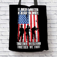 Load image into Gallery viewer, Designs by MyUtopia Shout Out:Black or White Together We Stand &amp; Fight US Flag Fabric Totebag Reusable Shopping Tote
