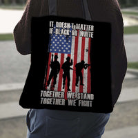 Load image into Gallery viewer, Designs by MyUtopia Shout Out:Black or White Together We Stand &amp; Fight US Flag Fabric Totebag Reusable Shopping Tote

