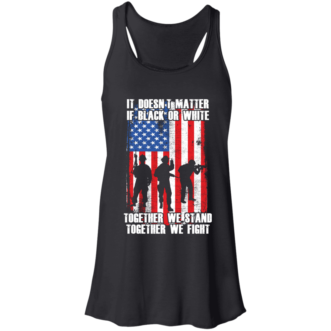 Designs by MyUtopia Shout Out:Black or White Together We Stand & Fight US Flag Flowy Racerback Tank,X-Small / Black,Tank Tops