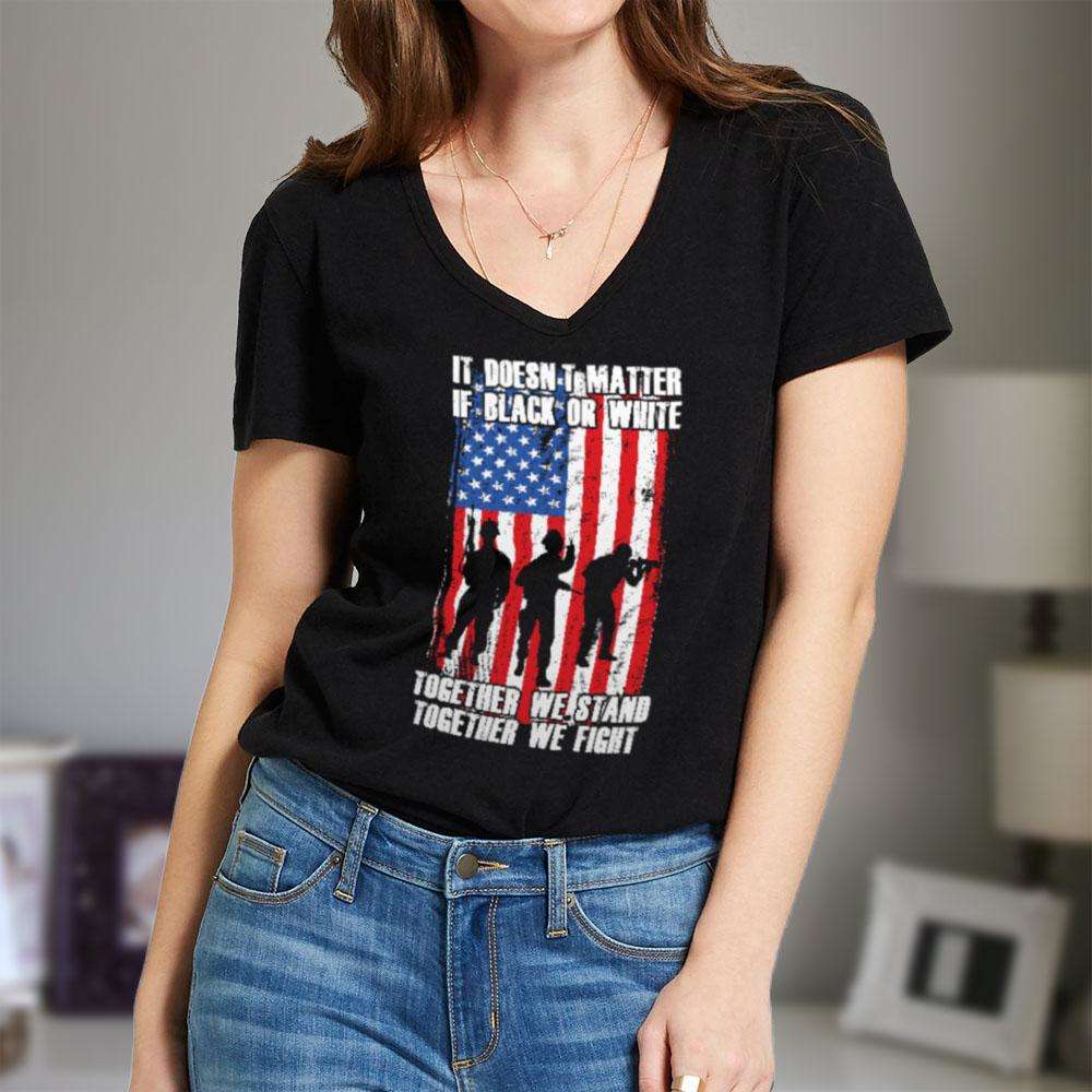 Designs by MyUtopia Shout Out:Black or White Together We Stand & Fight US Flag Ladies' V-Neck T-Shirt