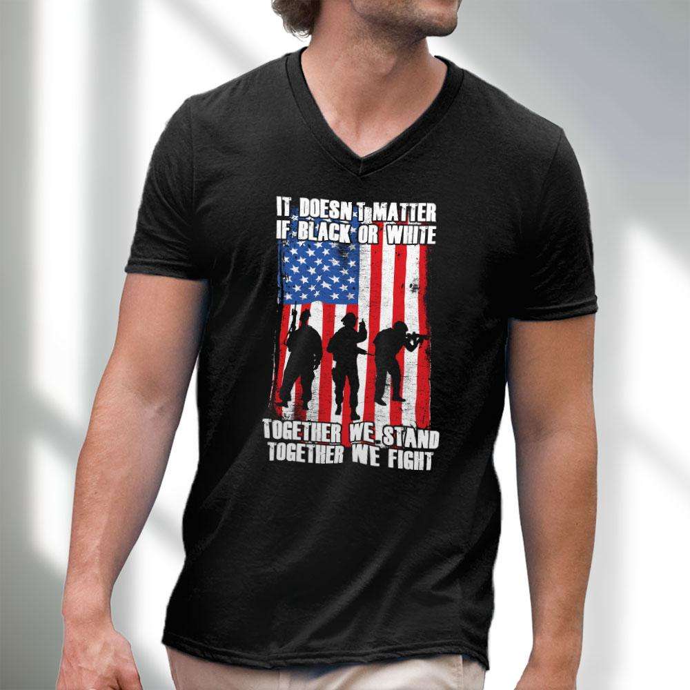 Designs by MyUtopia Shout Out:Black or White Together We Stand & Fight US Flag Men's Printed V-Neck T-Shirt
