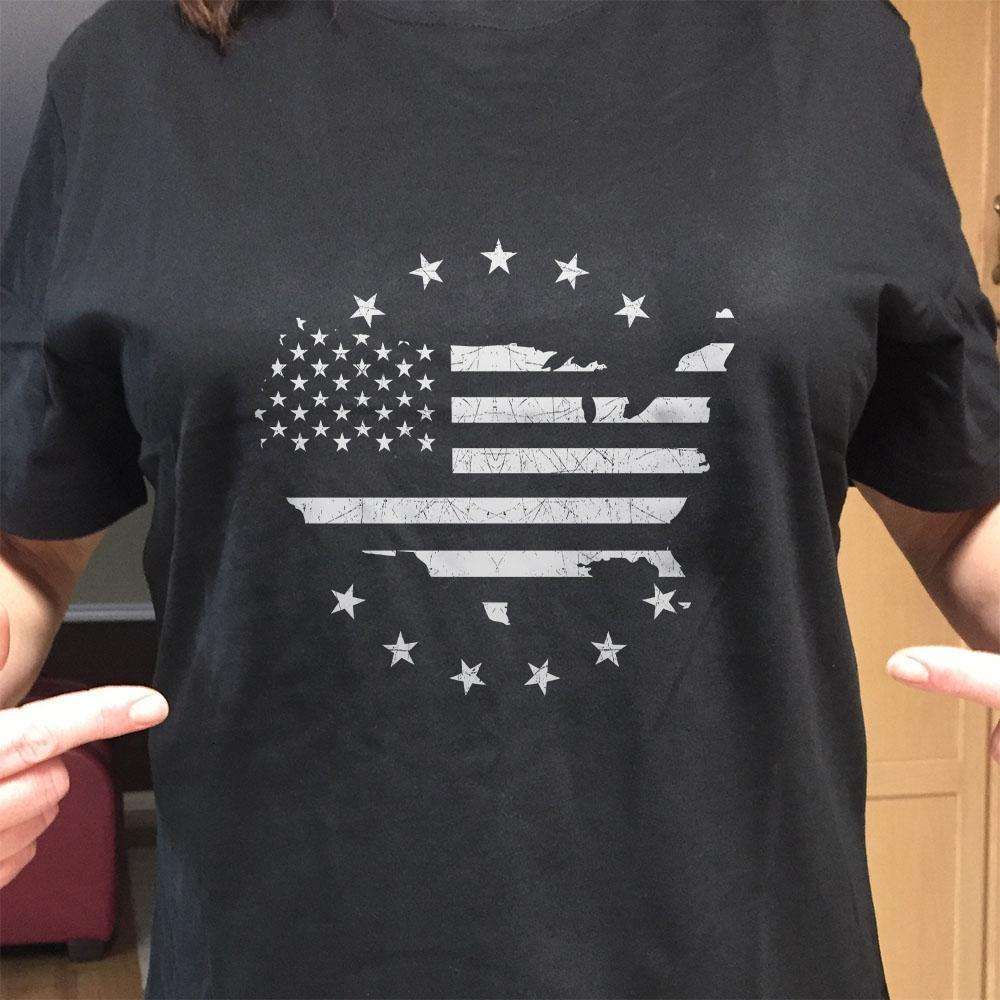 Designs by MyUtopia Shout Out:Black & White US Flag US Map Adult Unisex T-Shirt
