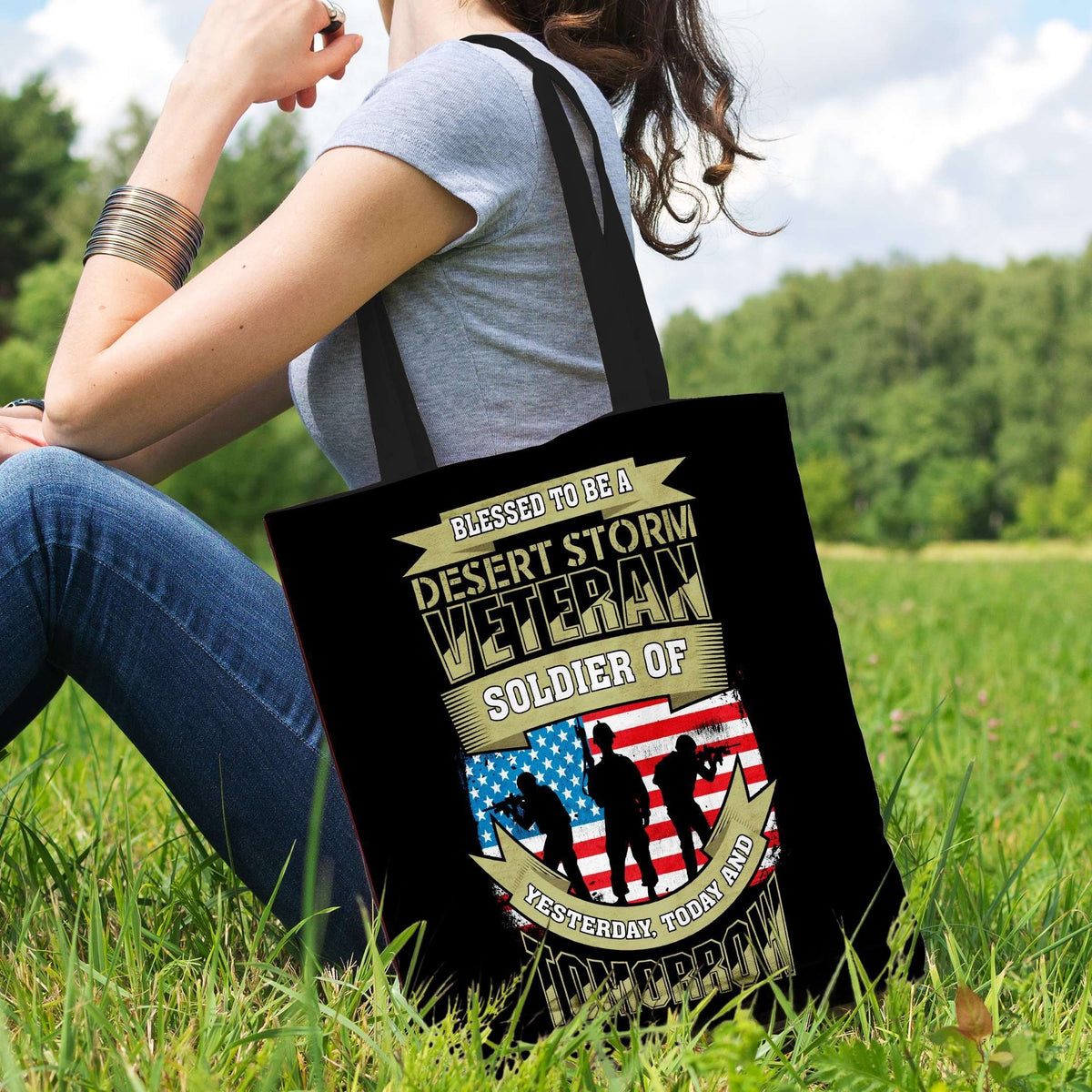 Designs by MyUtopia Shout Out:Blessed to be a Desert Storm Veteran Soldier of Yesterday Today and Tomorrow. Fabric Totebag Reusable Shopping Tote