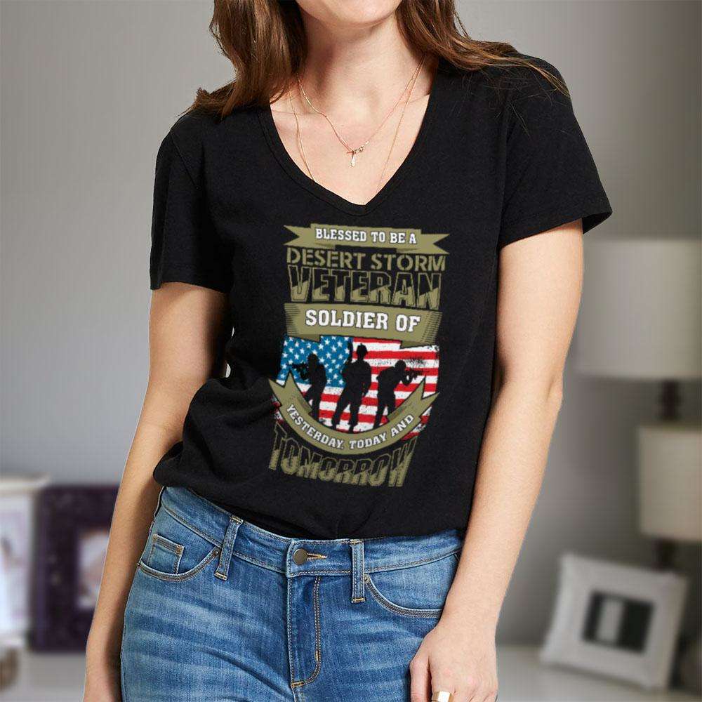 Designs by MyUtopia Shout Out:Blessed to be a Desert Storm Veteran Soldier of Yesterday Today and Tomorrow Ladies' V-Neck T-Shirt