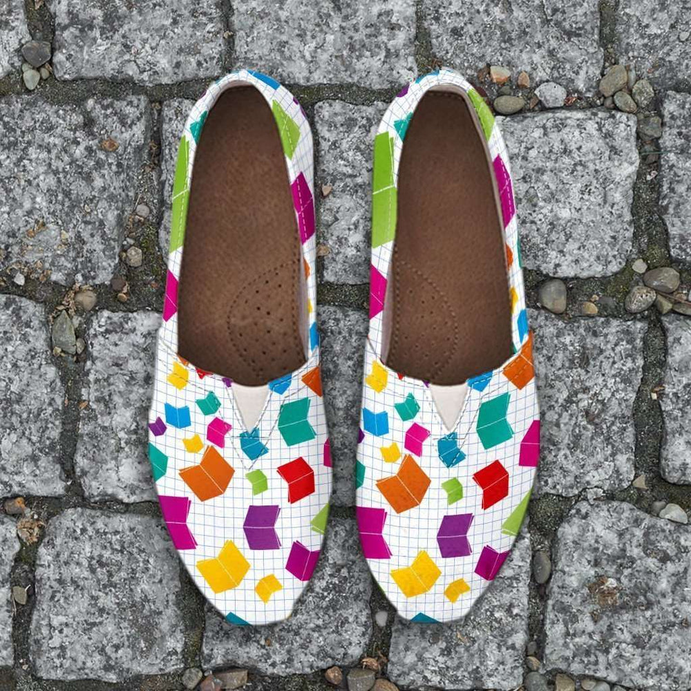 Designs by MyUtopia Shout Out:Books All Over Print Casual Canvas Slip on Shoes Women's Flats,US6 (EU36) / White/Multi,Slip on Flats