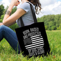Load image into Gallery viewer, Designs by MyUtopia Shout Out:Born, Raised and Protected by God, Guns, Guts &amp; Glory Fabric Totebag Reusable Shopping Tote
