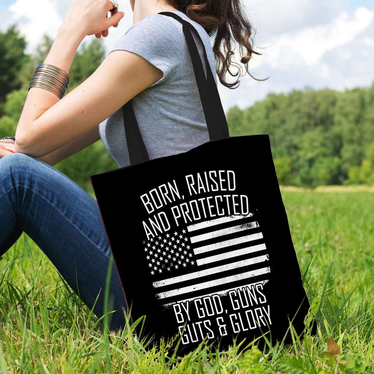 Designs by MyUtopia Shout Out:Born, Raised and Protected by God, Guns, Guts & Glory Fabric Totebag Reusable Shopping Tote