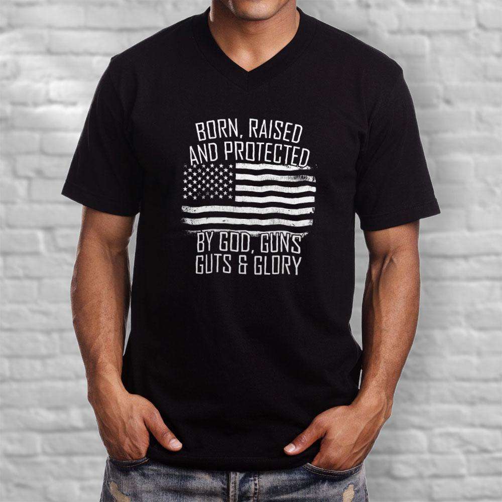 Designs by MyUtopia Shout Out:Born, Raised and Protected by God, Guns, Guts & Glory Men's Printed V-Neck T-Shirt