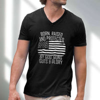 Load image into Gallery viewer, Designs by MyUtopia Shout Out:Born, Raised and Protected by God, Guns, Guts &amp; Glory Men&#39;s Printed V-Neck T-Shirt
