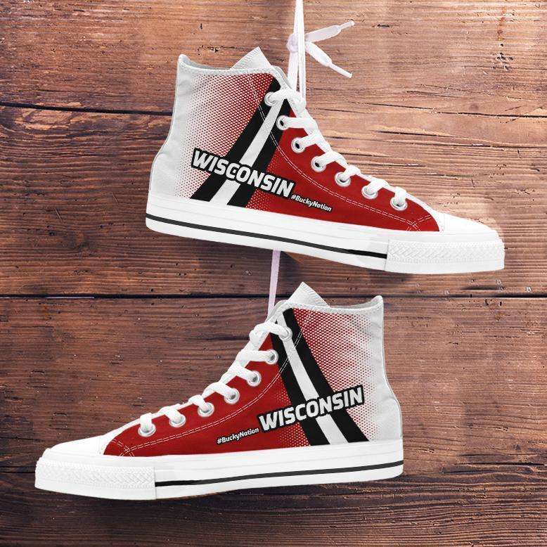 Designs by MyUtopia Shout Out:#BuckyNation Wisconsin Fan Canvas High Top Shoes,Men's / Mens US 5 (EU38) / Red/Black/White,High Top Sneakers