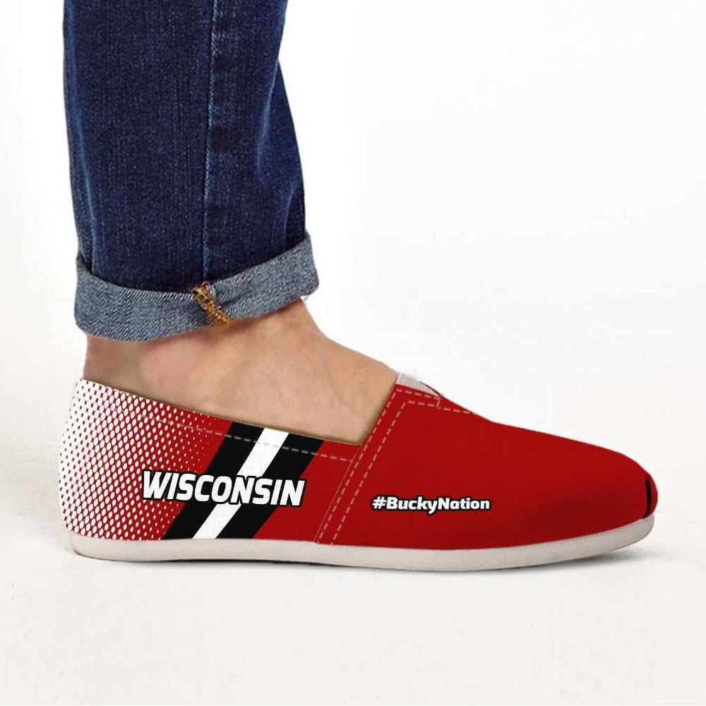 Designs by MyUtopia Shout Out:#BuckyNation Wisconsin Fan Casual Canvas Slip on Shoes Women's Flats,Ladies US6 (EU36) / Red/Black/White,Slip on Flats