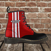 Load image into Gallery viewer, Designs by MyUtopia Shout Out:#BuckyNation Wisconsin Faux Leather 7 Eye Lace-up Boots,Men&#39;s / US5 (EU38) / Red/Black/White,Lace-up Boots
