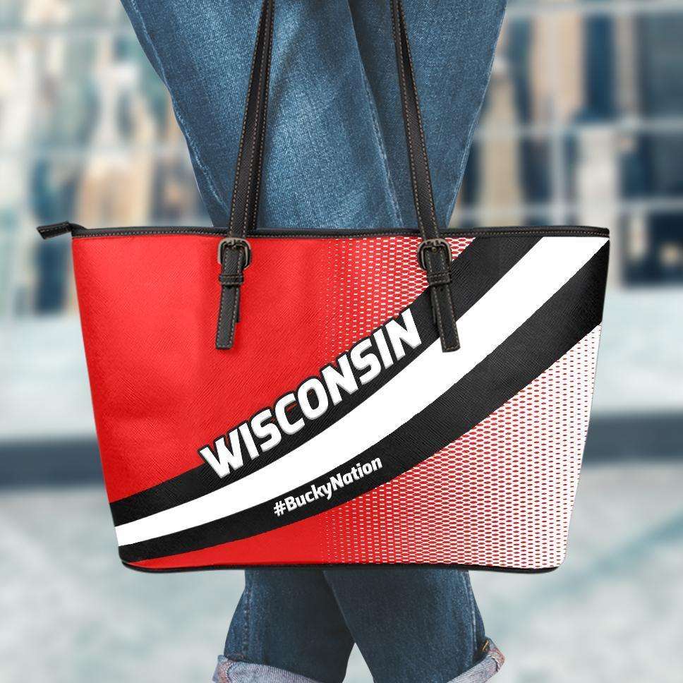 Designs by MyUtopia Shout Out:#BuckyNation Wisconsin Faux Leather Totebag Purse,Large (11 x 17 x 6) / Black/Red/White,tote bag purse