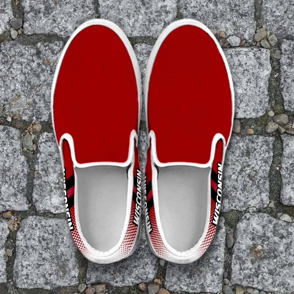 Designs by MyUtopia Shout Out:#BuckyNation Wisconsin Slip-on Shoes,Men's / Mens US8 (EU40) / Red,Slip on sneakers