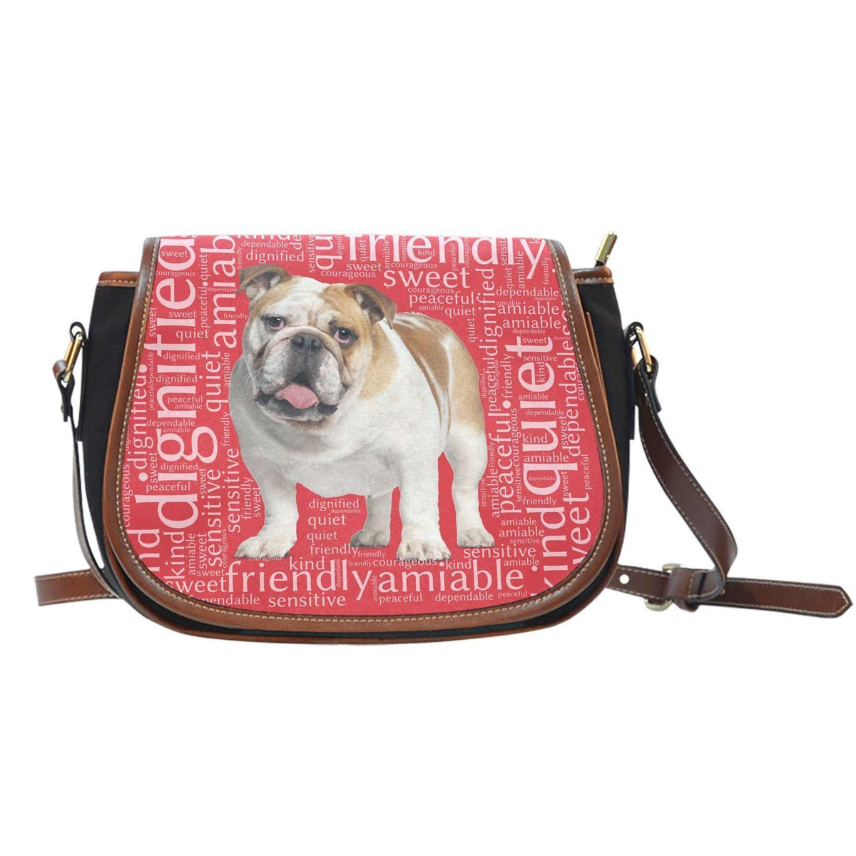 Designs by MyUtopia Shout Out:Bull Dog Word Cloud Canvas Saddlebag Style Crossbody Purse,Left Red,Cross-Body Purse