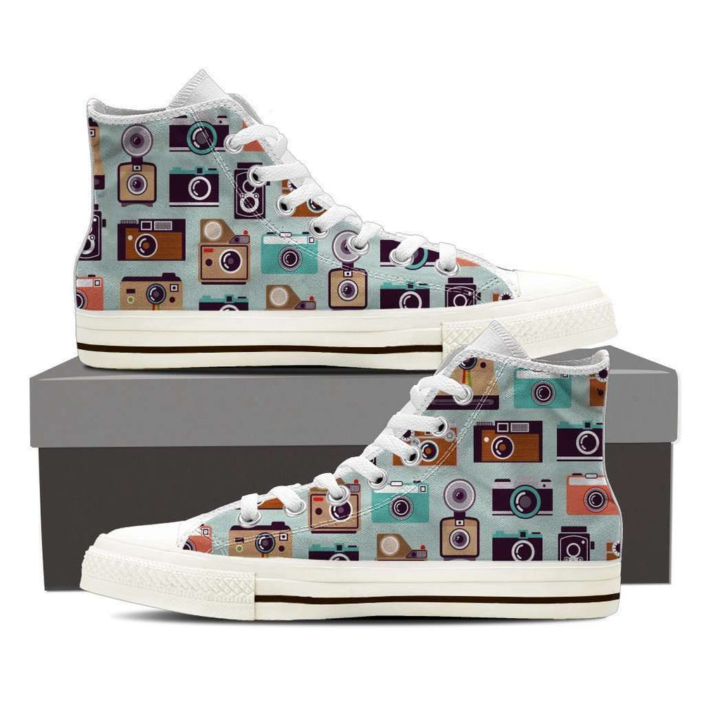 Designs by MyUtopia Shout Out:Camera Collage of Old Style Camera's Canvas High Top Shoes,Ladies US6 (EU36) / Multicolor,High Top Sneakers