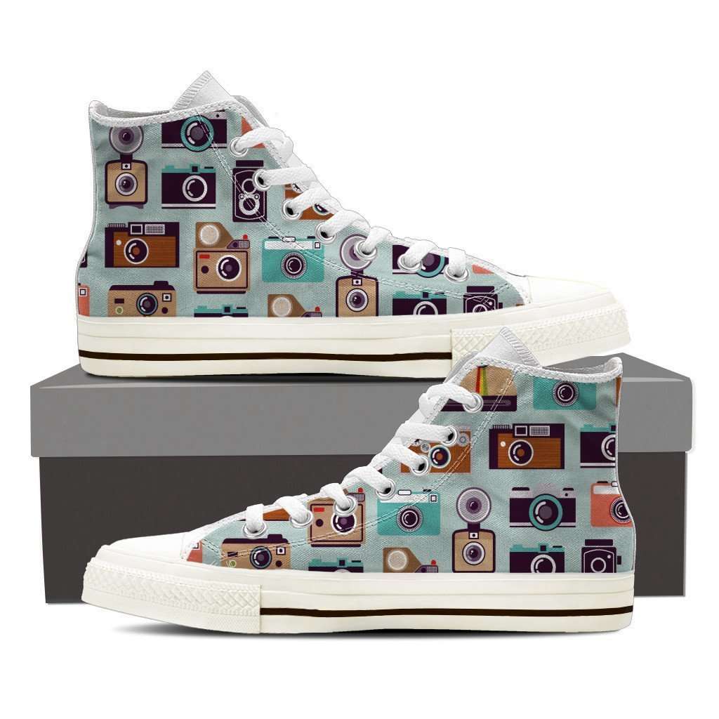Designs by MyUtopia Shout Out:Camera Collage of Old Style Camera's Canvas Hightop Shoes,Mens US 8 (EU40) / Multicolor,High Top Sneakers