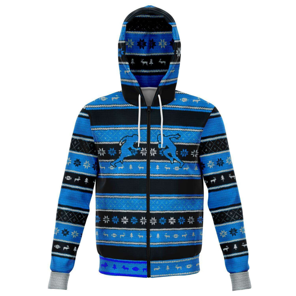 Designs by MyUtopia Shout Out:Carolina #PoundOn Football Fan 3D Ugly Christmas Fashion Zip Up Hooded Jacket,XS / Blue/Black,Fashion Zip-Up Hoodie - AOP