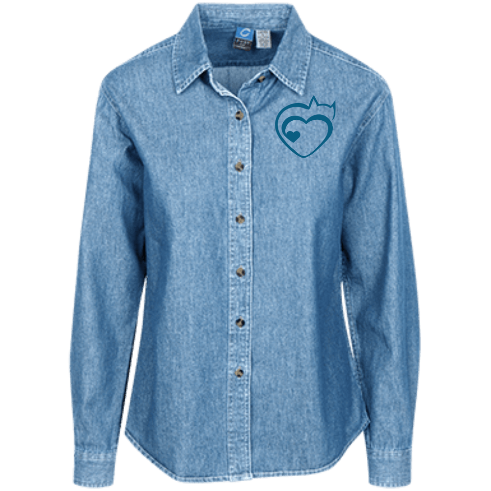 Designs by MyUtopia Shout Out:Cat Heart Embrodered Women's Long Sleeve Denim Shirt,Faded Blue / X-Small,Dress Shirts