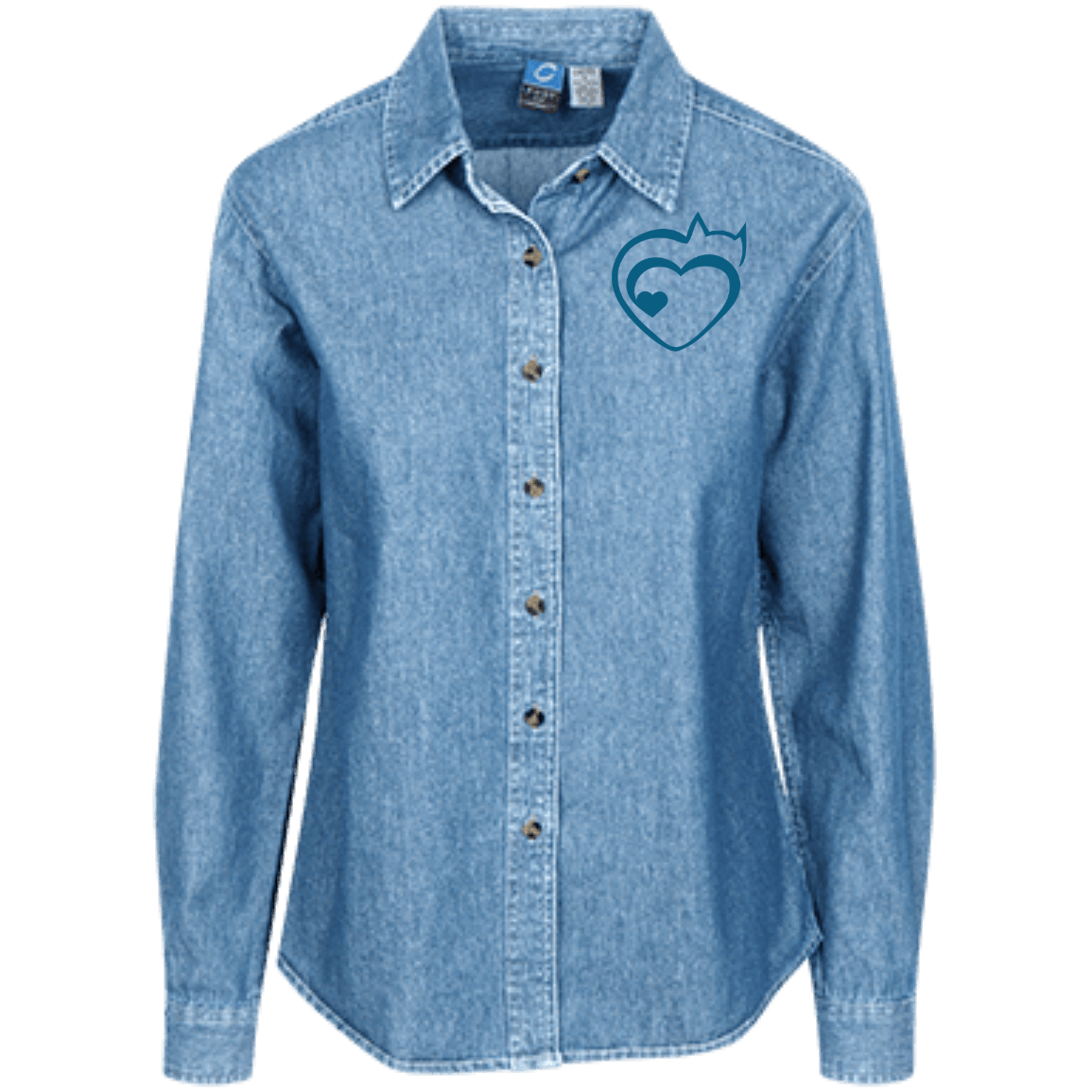Designs by MyUtopia Shout Out:Cat Heart Embrodered Women's Long Sleeve Denim Shirt,Faded Blue / X-Small,Dress Shirts