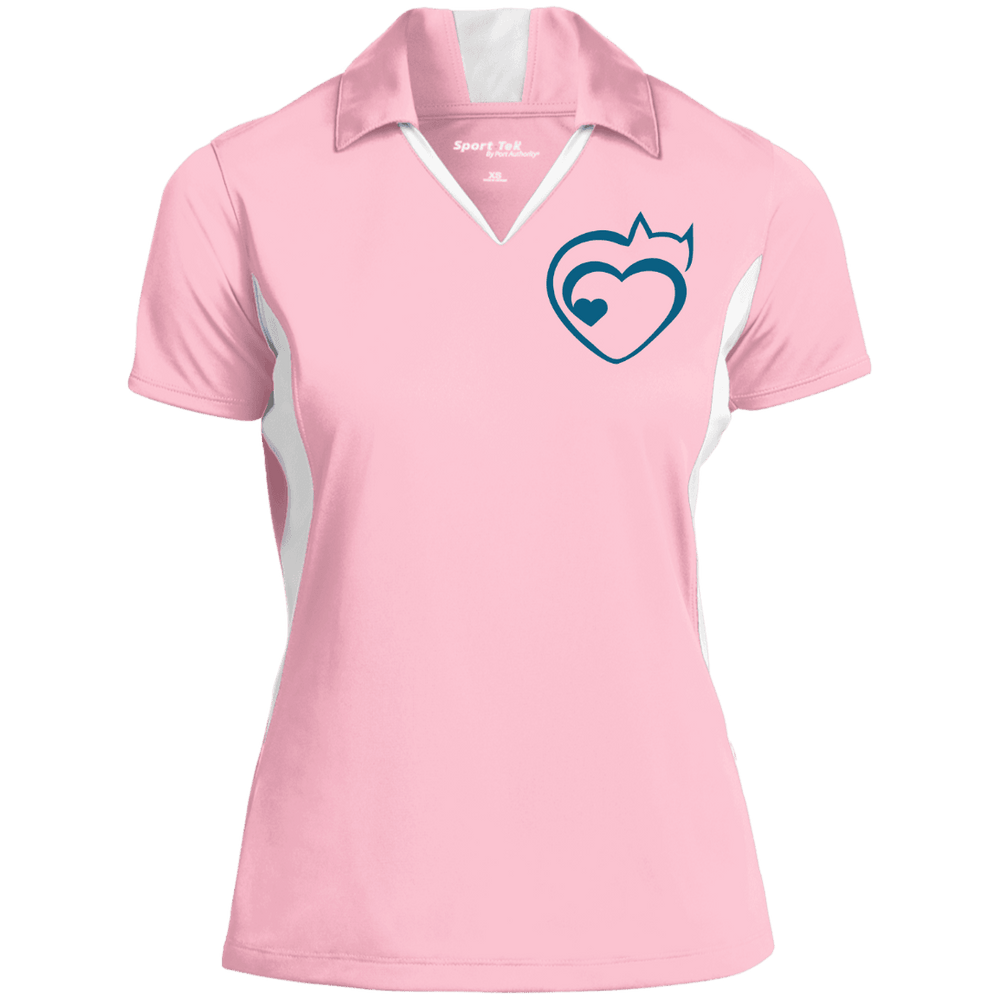 Designs by MyUtopia Shout Out:Cat Heart Embroidered Color-block Performance Ladies' Polo,Light Pink/White / X-Small,Polo Shirts