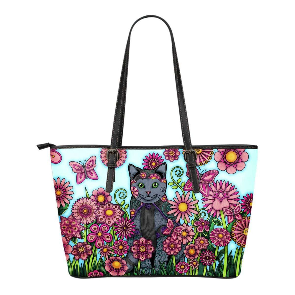 Designs by MyUtopia Shout Out:Cat Playing in a Field of Pink Flowers Faux Leather Totebag Purse Medium