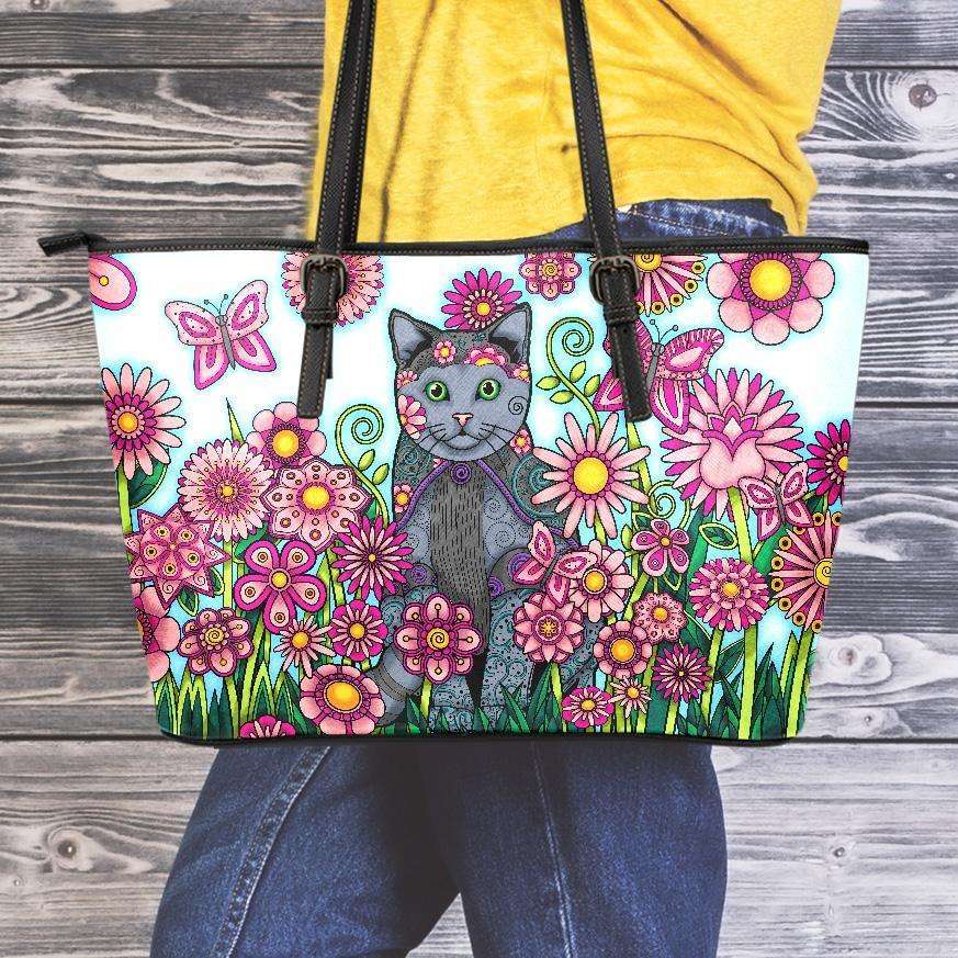 Designs by MyUtopia Shout Out:Cat Playing in a Field of Pink Flowers Faux Leather Totebag Purse,Medium (10 T x 16 x 5) / Multicolor,tote bag purse