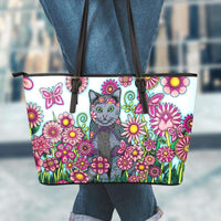 Load image into Gallery viewer, Designs by MyUtopia Shout Out:Cat Playing in a Field of Pink Flowers Faux Leather Totebag Purse,Large (11 T x 17 x 6) inches / Multicolor,tote bag purse
