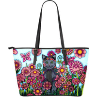 Load image into Gallery viewer, Designs by MyUtopia Shout Out:Cat Playing in a Field of Pink Flowers Faux Leather Totebag Purse
