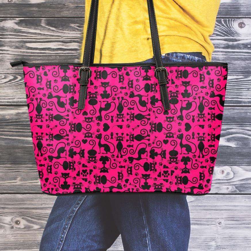 Designs by MyUtopia Shout Out:Cats All Over Print Faux Leather Totebag Purse Pink,Medium (10 x 16 x 5) / Black/Pink,tote bag purse