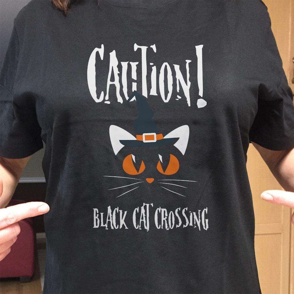 Designs by MyUtopia Shout Out:Caution Black Cat Crossing Halloween Humor Adult Unisex Cotton Short Sleeve T-Shirt