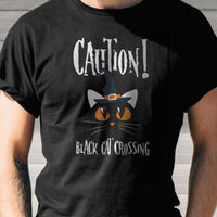 Load image into Gallery viewer, Designs by MyUtopia Shout Out:Caution Black Cat Crossing Halloween Humor Adult Unisex Cotton Short Sleeve T-Shirt
