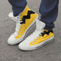 Load image into Gallery viewer, Designs by MyUtopia Shout Out:Charlie Brown Zig Zag Canvas High Top Shoes,Men&#39;s / Men&#39;s US 8 (EU40) / White/Yellow/Black,High Top Sneakers
