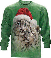 Load image into Gallery viewer, Designs by MyUtopia Shout Out:Christmas Playmates Festive Santa Snow Leopards By The Mountain Tee Shirt,Long Sleeve / Adult Medium / Green,Adult Unisex T-Shirt
