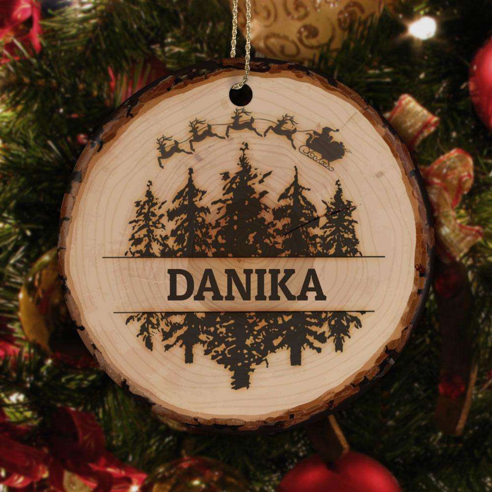 Designs by MyUtopia Shout Out:Christmas Trees and Santa's Sleigh Ceramic Circle Christmas Ornament Personalized with Name,White / One Size,Personalized Christmas Ornament