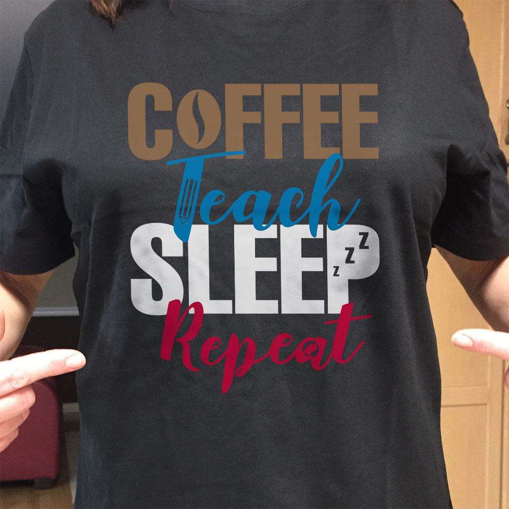 Designs by MyUtopia Shout Out:Coffee Teach Sleep Repeat Adult Unisex Cotton Short Sleeve T-Shirt