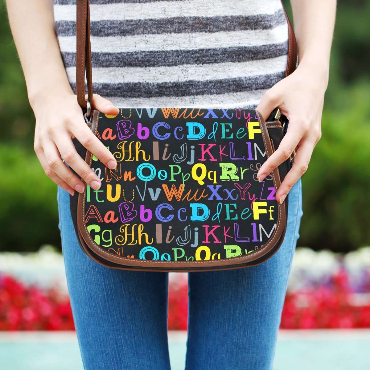 Designs by MyUtopia Shout Out:Colorful Alphabet Grade School Teacher Canvas Saddlebag Style Crossbody Purse