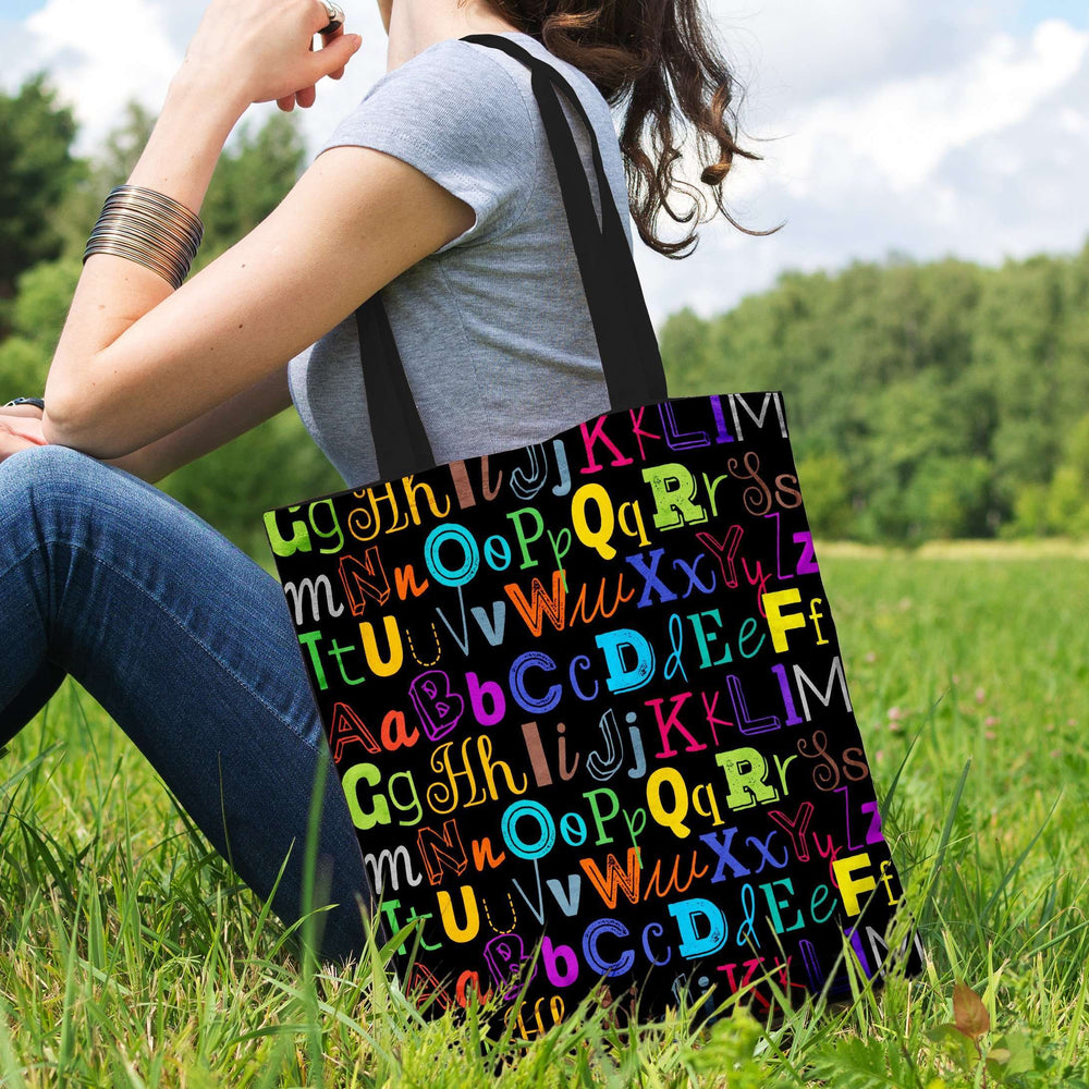 Designs by MyUtopia Shout Out:Colorful Alphabet Grade School Teacher Fabric Totebag Reusable Shopping Tote