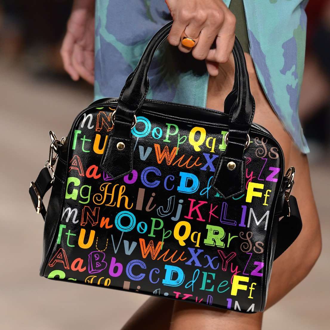 Designs by MyUtopia Shout Out:Colorful Alphabet Grade School Teacher Faux Leather Handbag with Shoulder Strap