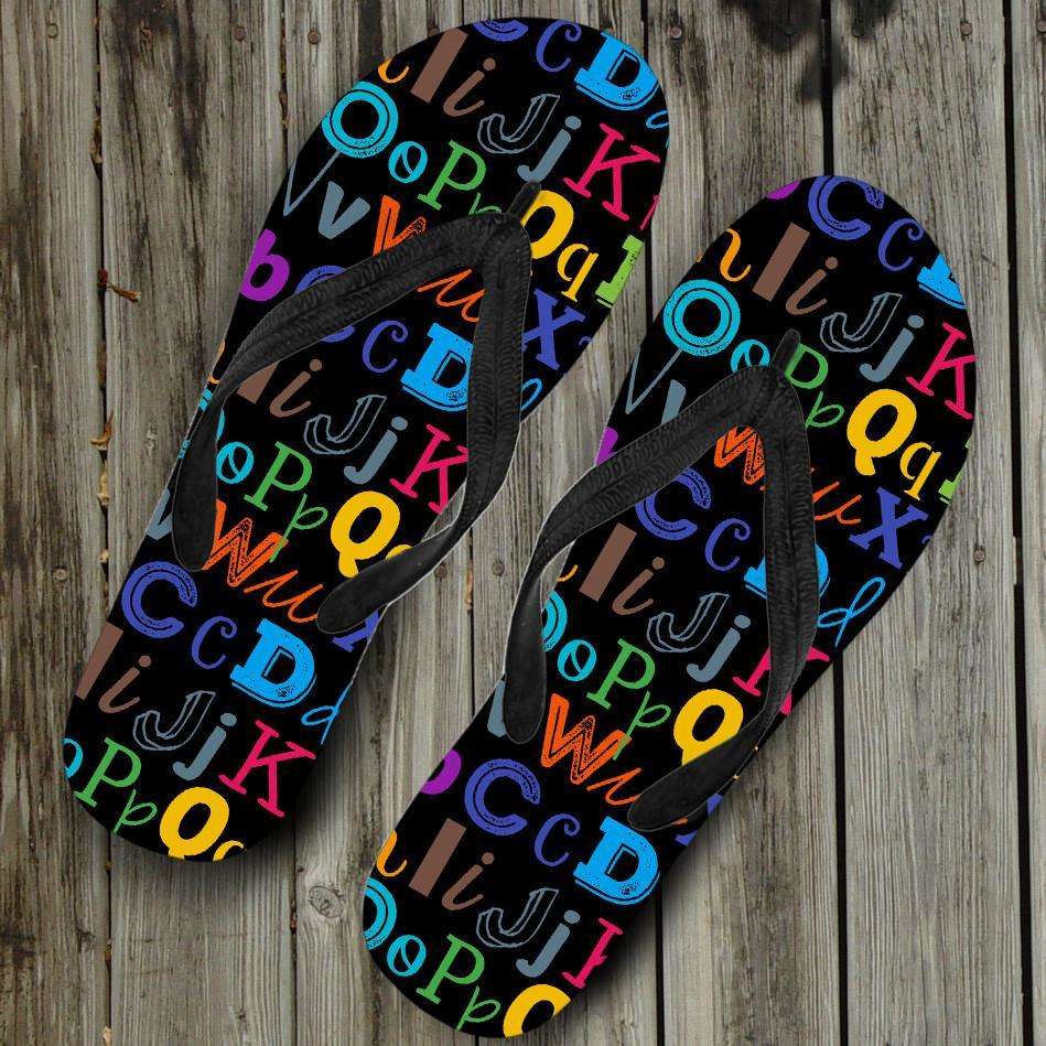 Designs by MyUtopia Shout Out:Colorful Alphabet Grade School Teacher Flip-Flops,Women's / Women's Small (US 5-6 /EU 35-37) / Multicolor,Flip Flops