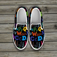 Load image into Gallery viewer, Designs by MyUtopia Shout Out:Colorful Alphabet Grade School Teacher Slip-on Shoes,Women&#39;s / Ladies US6 (EU36) / Black,Slip on sneakers
