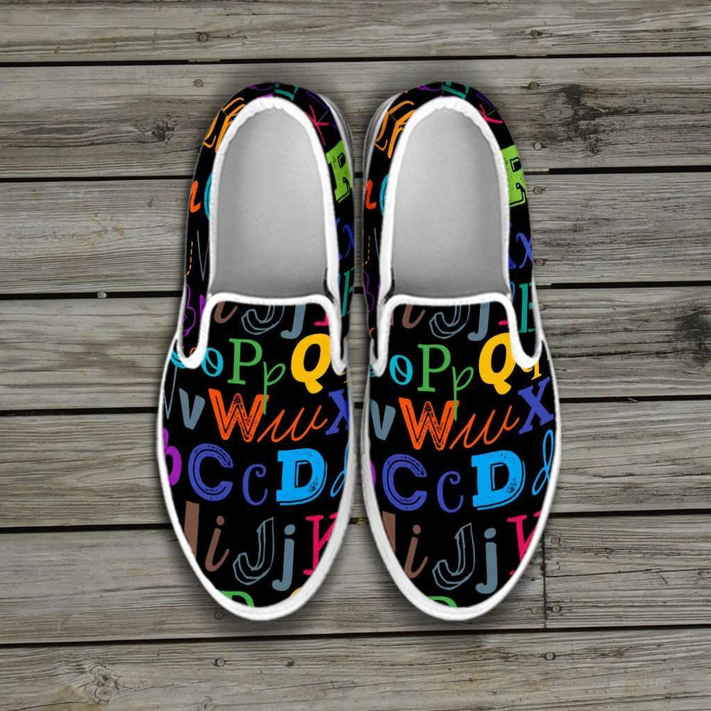 Designs by MyUtopia Shout Out:Colorful Alphabet Grade School Teacher Slip-on Shoes,Women's / Ladies US6 (EU36) / Black,Slip on sneakers