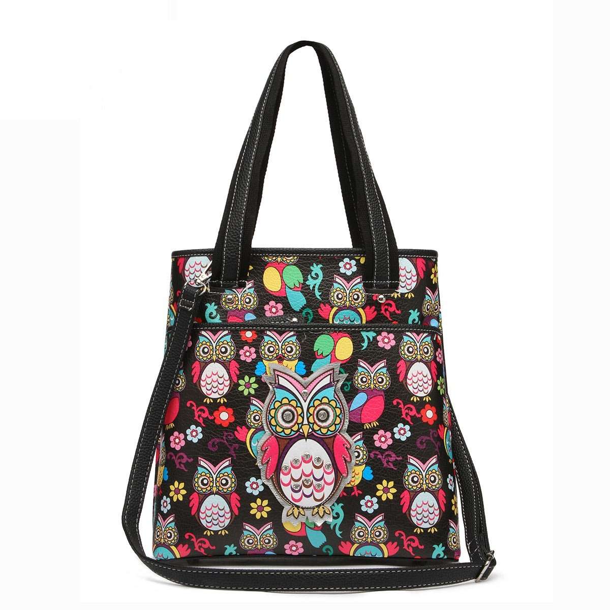 Designs by MyUtopia Shout Out:Cowgirl Trendy Colorful Sugar Skull Owl and flowers All OverPrint Top Handle Totebag Purse,Black,Handbag Purse