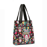 Load image into Gallery viewer, Designs by MyUtopia Shout Out:Cowgirl Trendy Colorful Sugar Skull Owl and flowers All OverPrint Top Handle Totebag Purse
