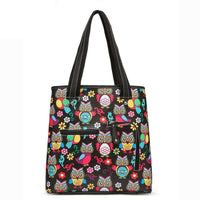 Load image into Gallery viewer, Designs by MyUtopia Shout Out:Cowgirl Trendy Colorful Sugar Skull Owl and flowers All OverPrint Top Handle Totebag Purse
