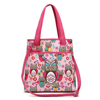 Load image into Gallery viewer, Designs by MyUtopia Shout Out:Cowgirl Trendy Colorful Sugar Skull Owl and flowers All OverPrint Top Handle Totebag Purse,Pink,Handbag Purse

