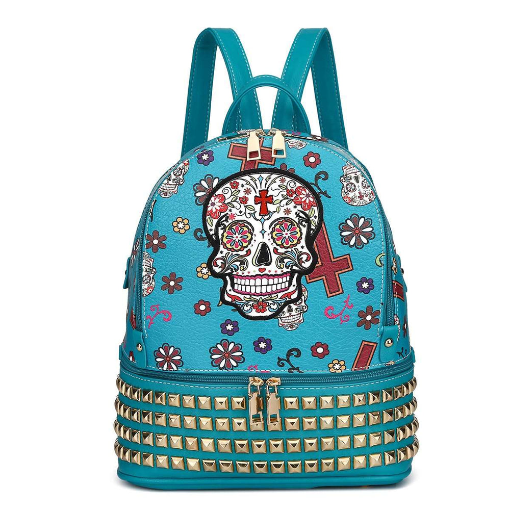 Designs by MyUtopia Shout Out:Cowgirl Trendy Day of the Dead Purse Sugar Skull Bag Studded Fashion Backpack,Teal,Backpack Purse