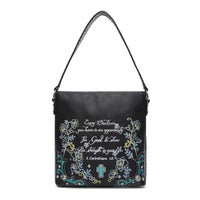 Load image into Gallery viewer, Designs by MyUtopia Shout Out:Cowgirl Trendy Embroidered Bible Verse 2 Corinthians 12:9 Country Western Totebag Purse,Black,Handbag Purse
