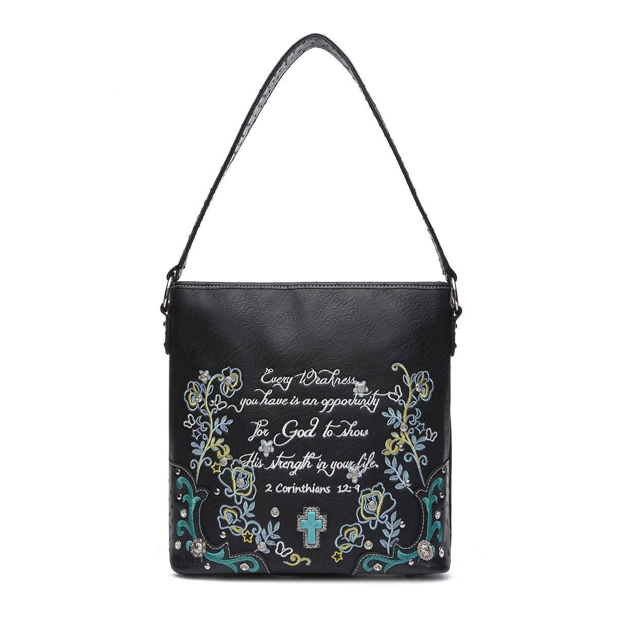 Designs by MyUtopia Shout Out:Cowgirl Trendy Embroidered Bible Verse 2 Corinthians 12:9 Country Western Totebag Purse,Black,Handbag Purse