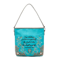 Load image into Gallery viewer, Designs by MyUtopia Shout Out:Cowgirl Trendy Embroidered Bible Verse 2 Corinthians 12:9 Country Western Totebag Purse,Turquoise,Handbag Purse
